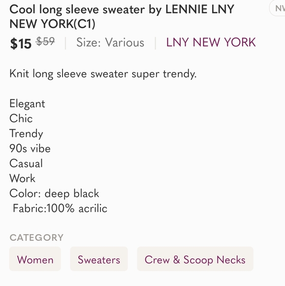 Lond sleeve Sweater by Lennie lny new York (c1) - Picture 4 of 4